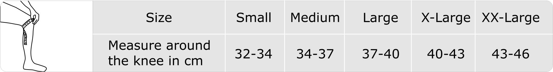 Open patella knee support size chart showing measurement guide for correct fitting in Dubai UAE